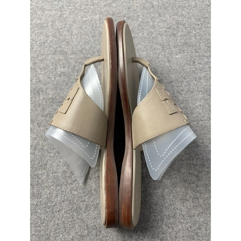 Tory Burch Womens Leather Thong Sandals Taupe Beige Size 8M Embossed Logo